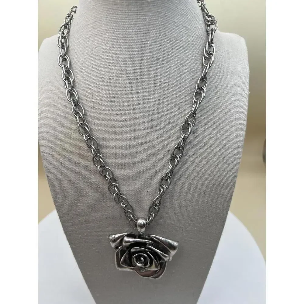 Silver Tone Rose Pendant Necklace - Picture 2 of 8